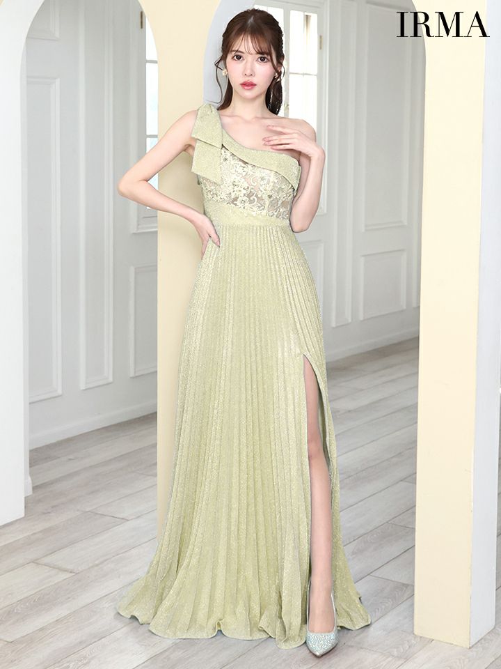 IRMA イルマ ワンショル/フラワー刺繍レース/バストトップシアー/ラメニット/スリット入り/プリーツ/ロングドレス ir51823-ks