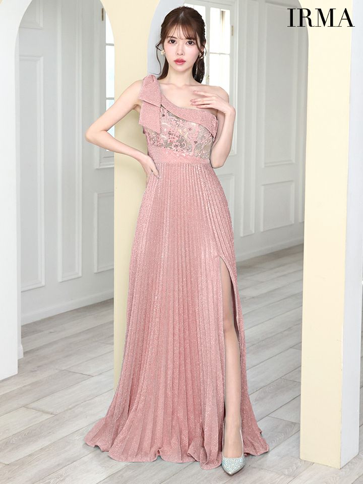 IRMA イルマ ワンショル/フラワー刺繍レース/バストトップシアー/ラメニット/スリット入り/プリーツ/ロングドレス ir51823-ks
