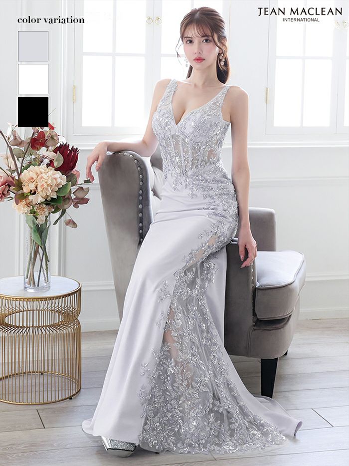 JEAN MACLEAN ジャンマクレーン コルセットレース/スパンコール刺繍/アシンメトリー/スリット入り/ロングドレス ja51826