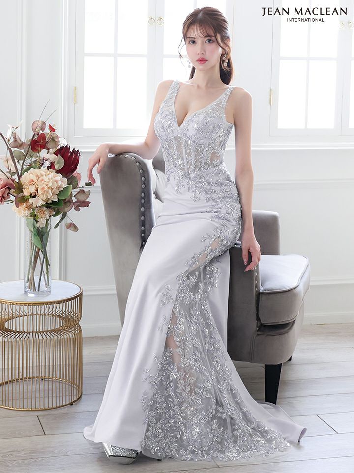 JEAN MACLEAN ジャンマクレーン コルセットレース/スパンコール刺繍/アシンメトリー/スリット入り/ロングドレス ja51826