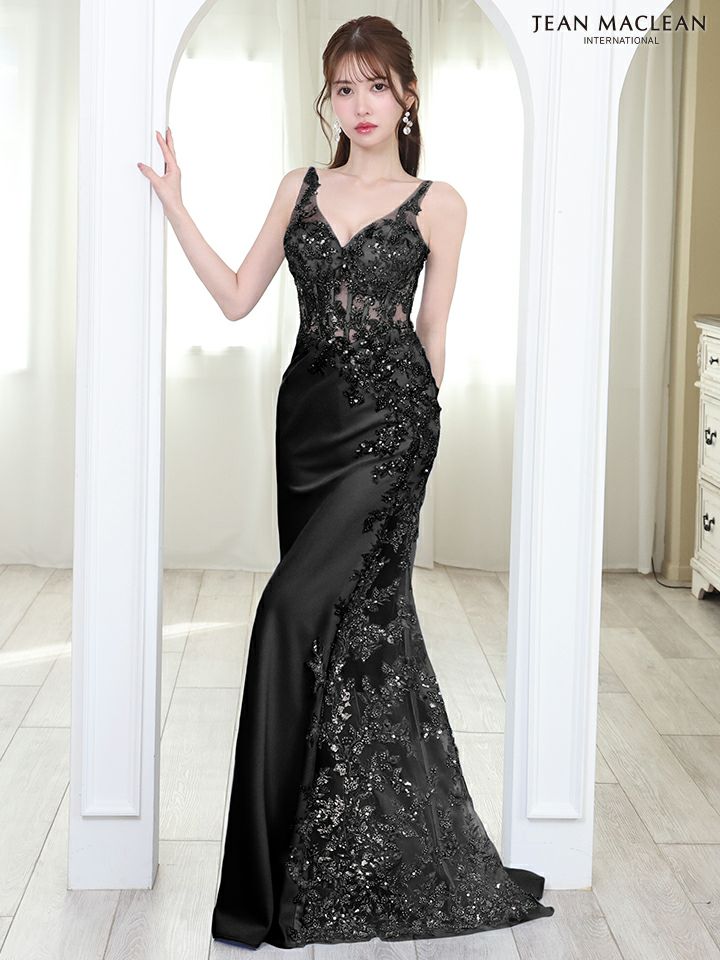 JEAN MACLEAN ジャンマクレーン コルセットレース/スパンコール刺繍/アシンメトリー/スリット入り/ロングドレス ja51826