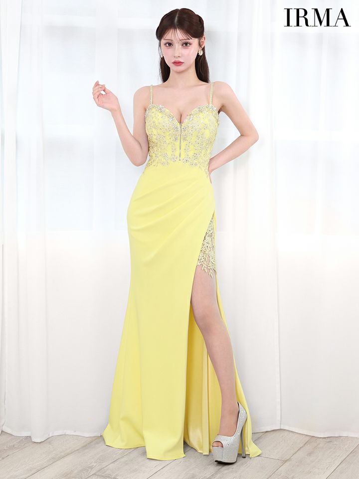IRMA イルマ ワンカラー/サイドシアー/ビジュー/フロントジップ/スリット入り/タイト ロングドレス ir51819