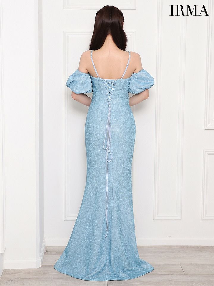IRMA イルマ ワンカラー/クロスデザイン/カットアウト/パフスリーブ付き/ラメニット/ビジュー/スリット入り/タイト/ロングドレス ir51820