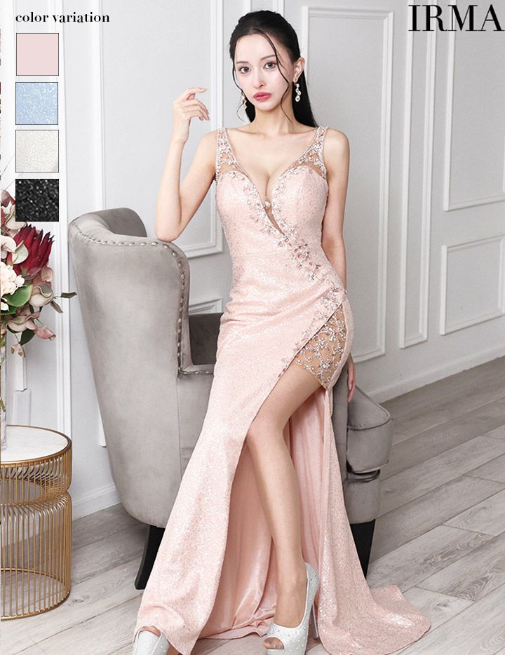 IRMA イルマ スパンコールラメニット/サイドシアー/アシンメトリーバストカット/スリット入り/タイト ロングドレス ir51822