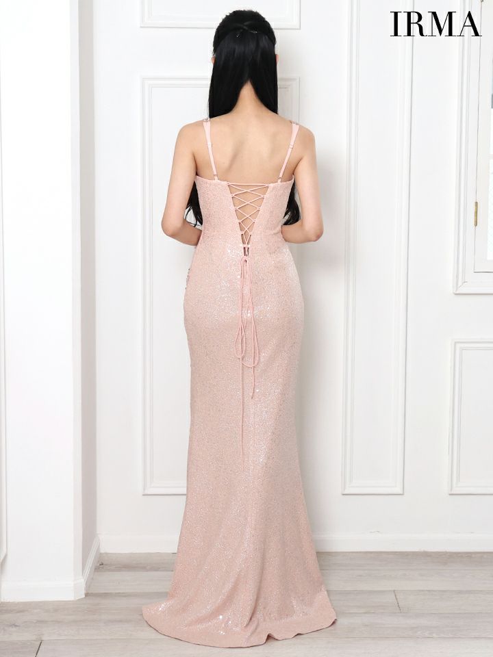 IRMA イルマ スパンコールラメニット/サイドシアー/アシンメトリーバストカット/スリット入り/タイト ロングドレス ir51822