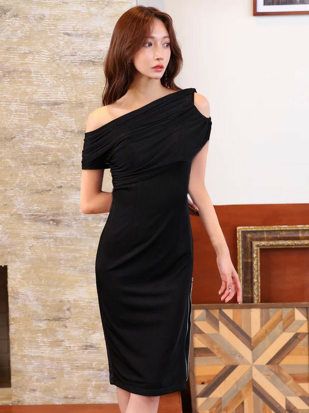 Veautt ヴュート ワンショルダーロングスリーブアシンメトリーファスナータイトミディアムドレス vt022509-ks