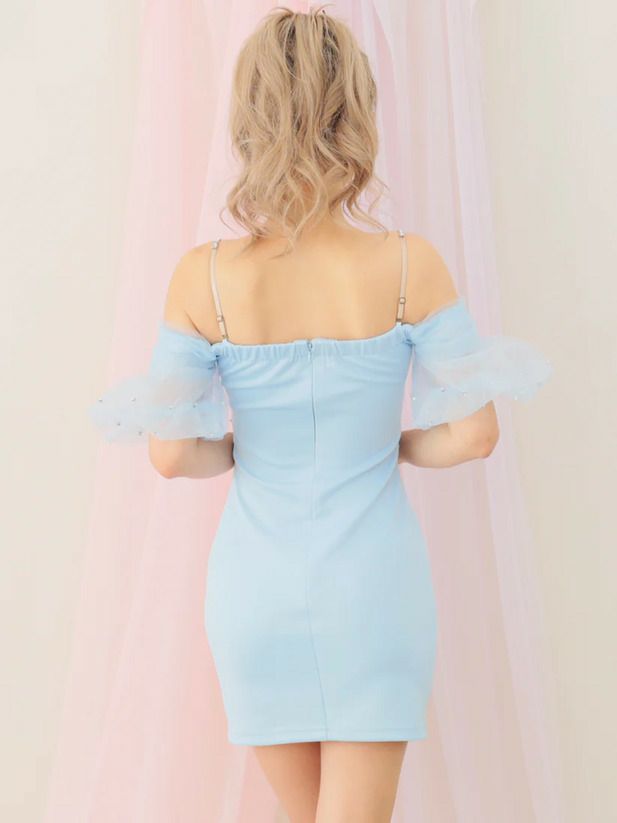 AngelR エンジェルアール オフショルスリーブフラワーレースシフォンビジュータイトマイクロミニドレス ar25817