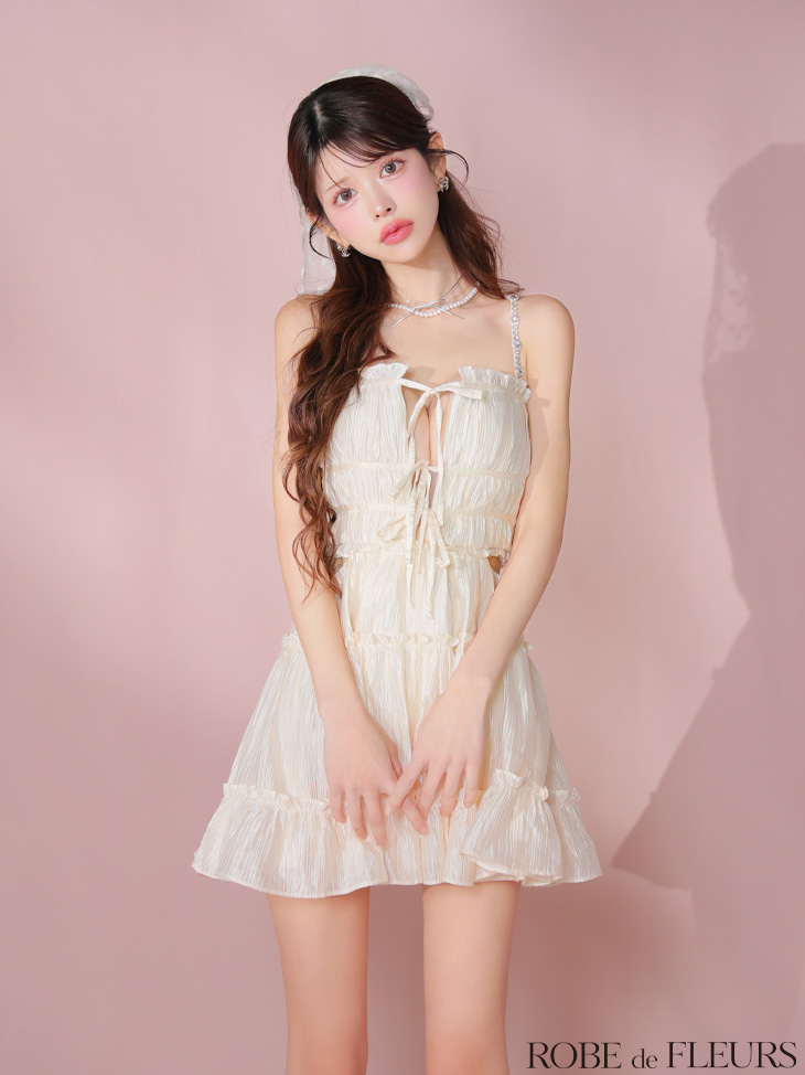 ROBE de FLEURS ローブドフルール シャーリングサテンウエストスリットフレアミニキャバドレス fm3377-c