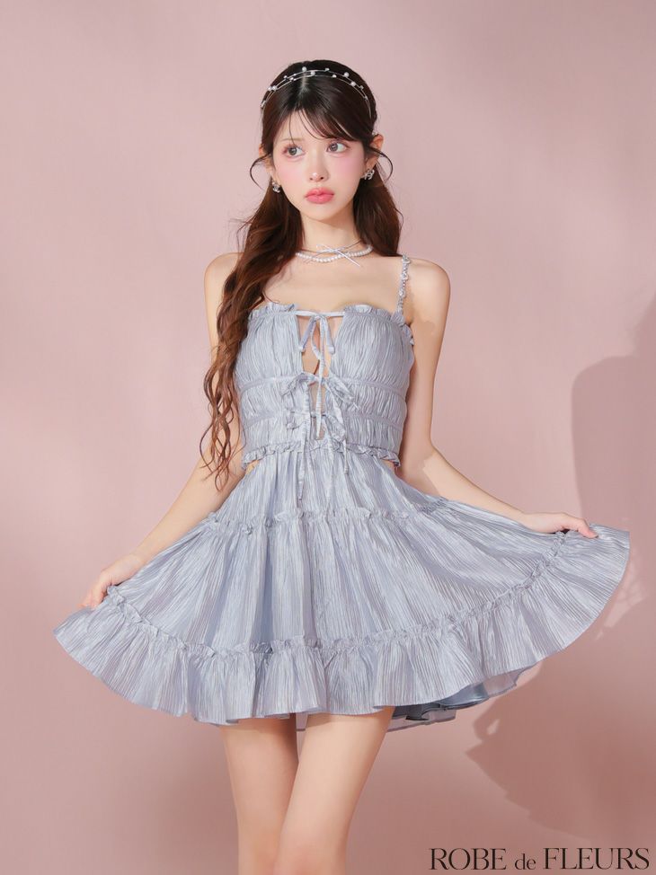 ROBE de FLEURS ローブドフルール シャーリングサテンウエストスリットフレアミニキャバドレス fm3377-c