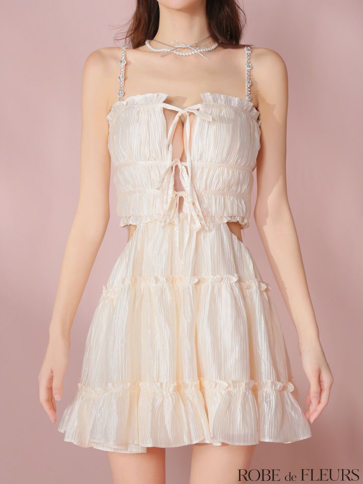 ROBE de FLEURS ローブドフルール シャーリングサテンウエストスリットフレアミニキャバドレス fm3377-c