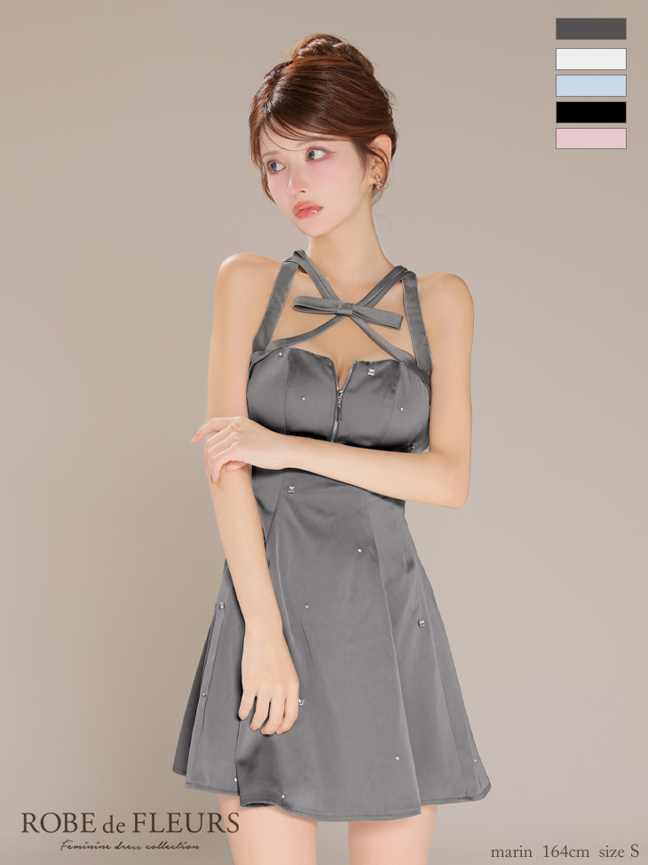 ROBE de FLEURS ローブドフルール サテンネックリボンバストジップフレアミニキャバドレス fm3597