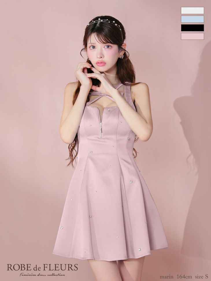 ROBE de FLEURS ローブドフルール サテンネックリボンバストジップフレアミニキャバドレス fm3597