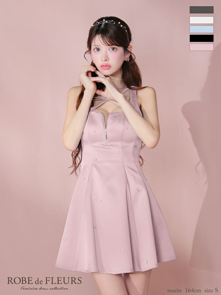 ROBE de FLEURS ローブドフルール サテンネックリボンバストジップフレアミニキャバドレス fm3597