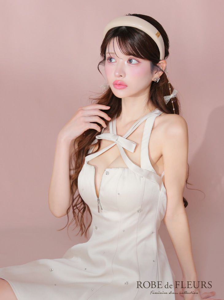 ROBE de FLEURS ローブドフルール サテンネックリボンバストジップフレアミニキャバドレス fm3597