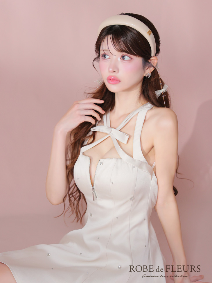 ROBE de FLEURS ローブドフルール サテンネックリボンバストジップフレアミニキャバドレス fm3597