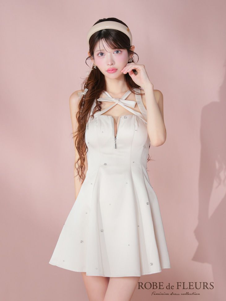 ROBE de FLEURS ローブドフルール サテンネックリボンバストジップフレアミニキャバドレス fm3597
