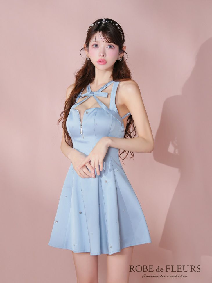 ROBE de FLEURS ローブドフルール サテンネックリボンバストジップフレアミニキャバドレス fm3597