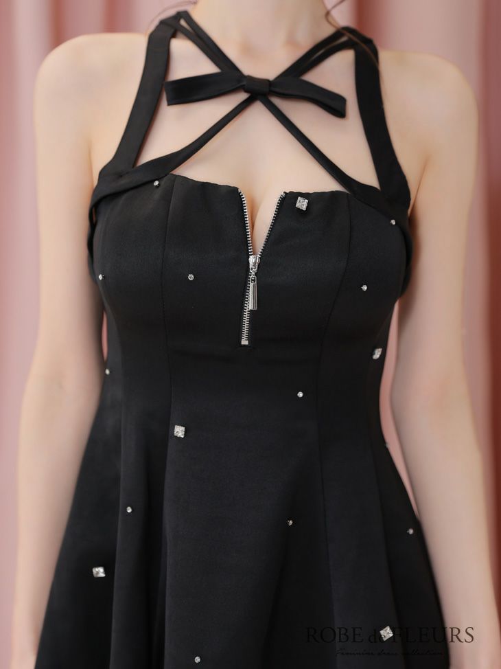 ROBE de FLEURS ローブドフルール サテンネックリボンバストジップフレアミニキャバドレス fm3597