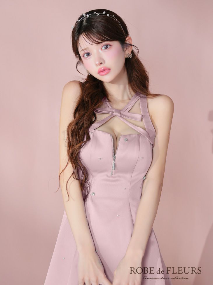 ROBE de FLEURS ローブドフルール サテンネックリボンバストジップフレアミニキャバドレス fm3597
