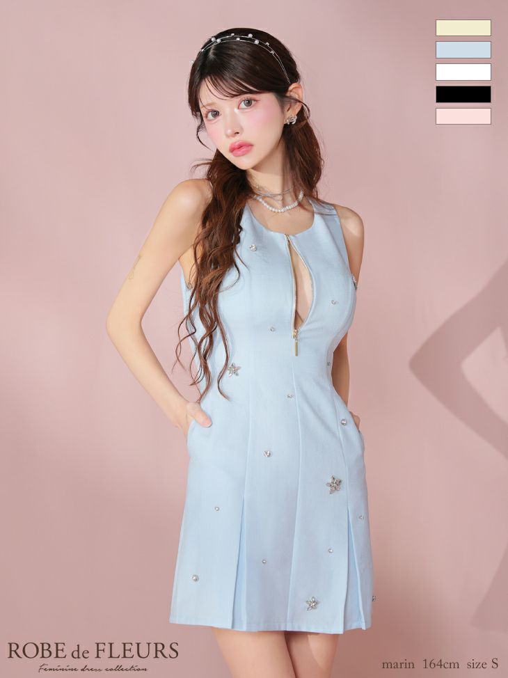 ROBE de FLEURS ローブドフルール バストジップノースリーブビジューミニキャバドレス fm3789