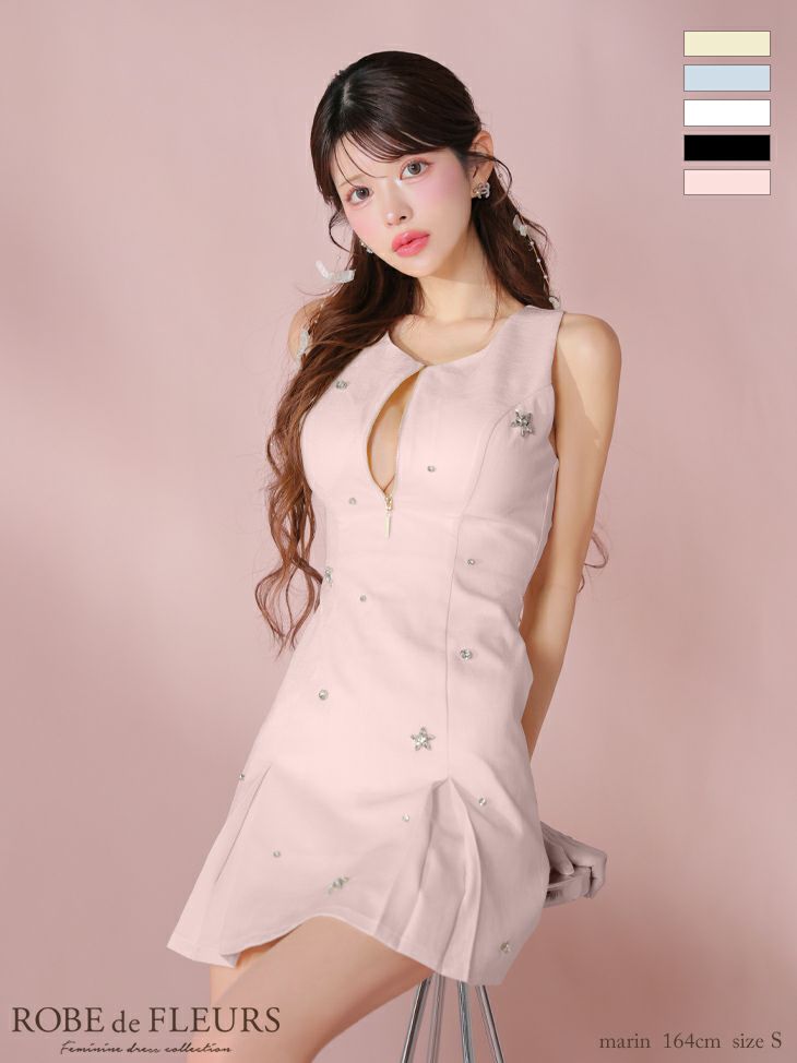 ROBE de FLEURS ローブドフルール バストジップノースリーブビジューミニキャバドレス fm3789