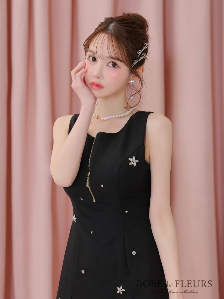 ROBE de FLEURS ローブドフルール バストジップノースリーブビジューミニキャバドレス fm3789