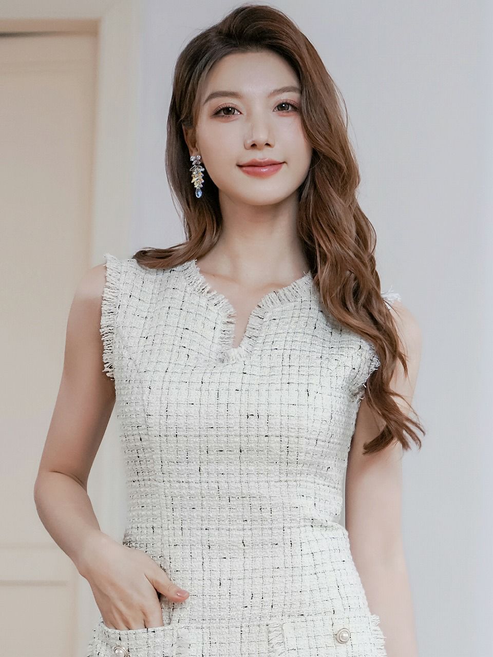 ERUKEI エルケイ ノースリーブ・Aライン・ツイード・ポケット・シンプル・ミニドレス・ワンピース ek-c24218