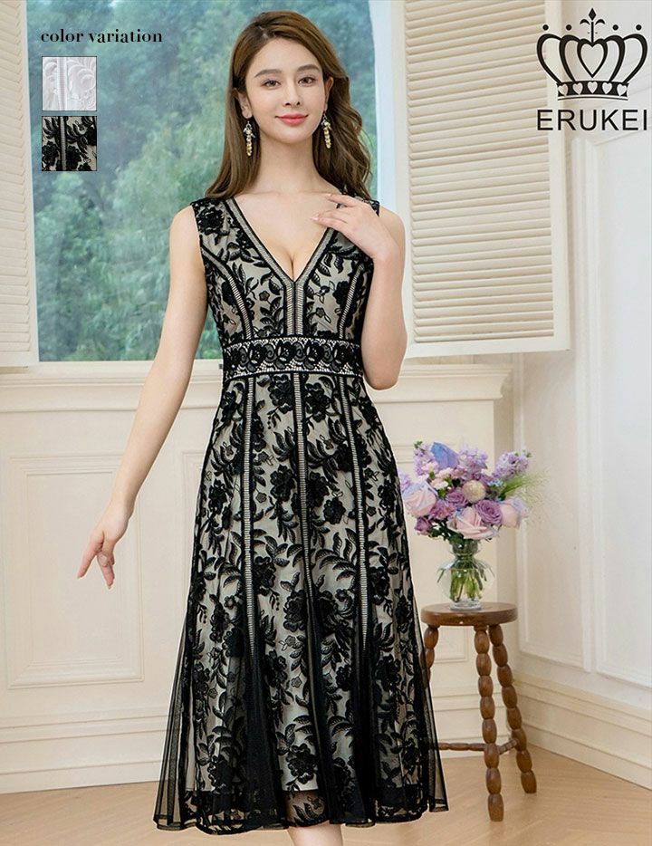 ERUKEI エルケイ ノースリーブ・レース・Vネック・切替・Aライン・ミディアムドレス・ワンピース ek-e24098