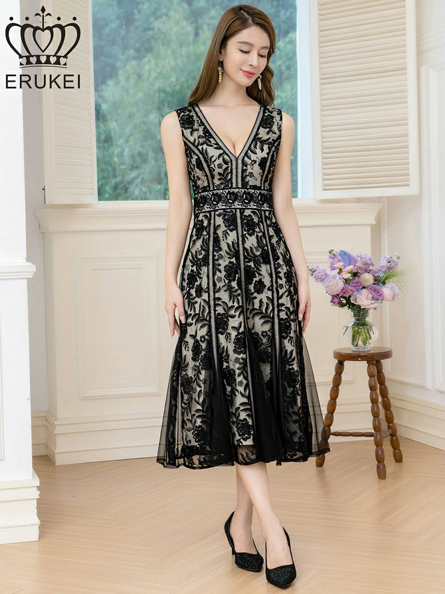 ERUKEI エルケイ ノースリーブ・レース・Vネック・切替・Aライン・ミディアムドレス・ワンピース ek-e24098
