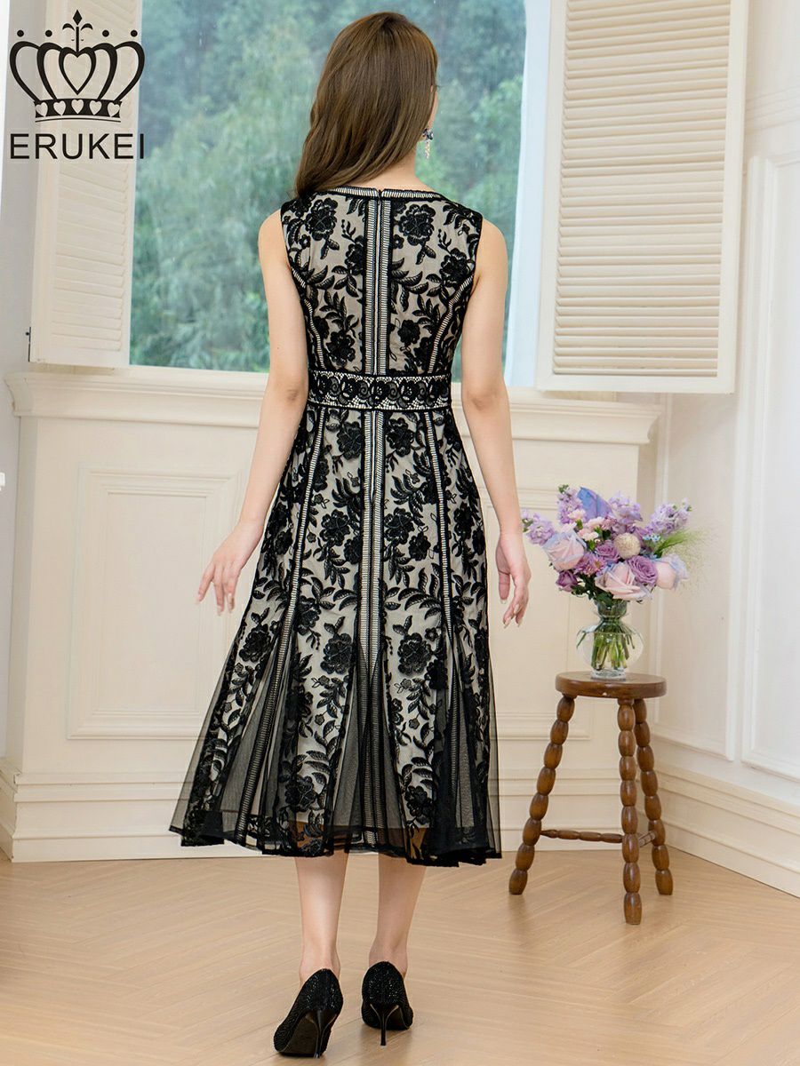 ERUKEI エルケイ ノースリーブ・レース・Vネック・切替・Aライン・ミディアムドレス・ワンピース ek-e24098