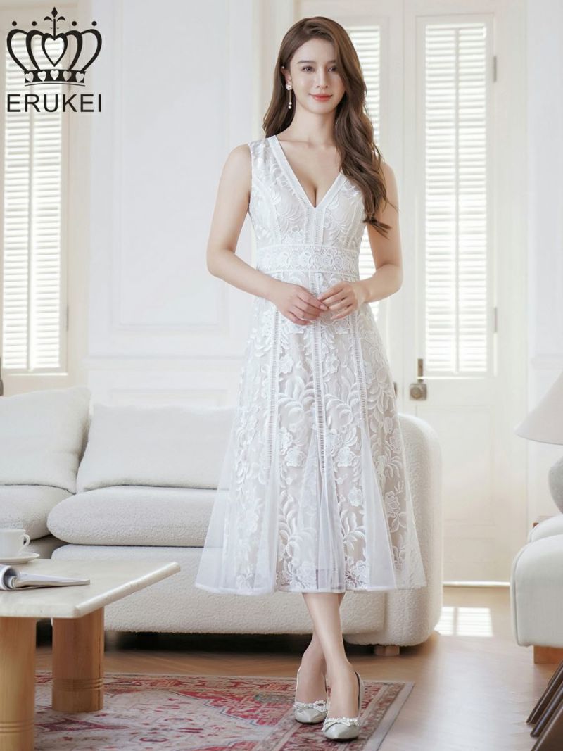 ERUKEI エルケイ ノースリーブ・レース・Vネック・切替・Aライン・ミディアムドレス・ワンピース ek-e24098
