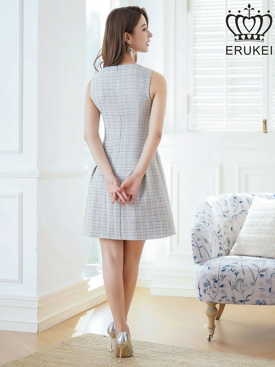 ERUKEI エルケイ ノースリーブ・ツイード・切替・フレア・リボン・Aライン・ミニドレス・ワンピース ek-e24155