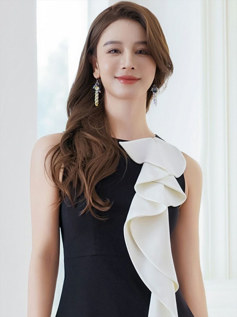 ERUKEI エルケイ バイカラー・フリル・ノースリーブ・Aライン・ミニドレス・ワンピース ek-e24148