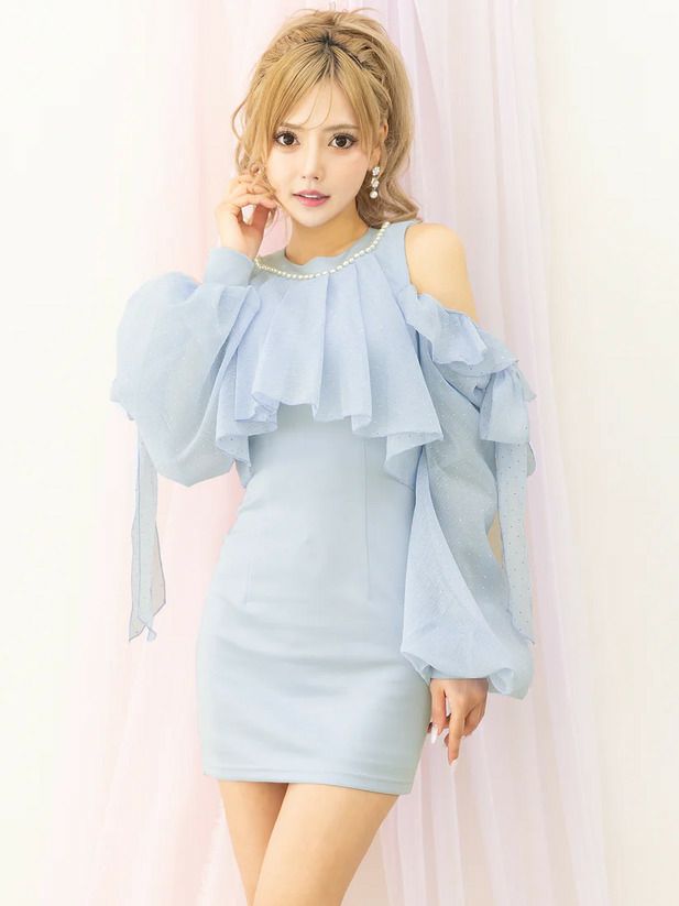 AngelR エンジェルアール ロングスリーブ2wayパフスリーブデザインショルダーリボンタイトマイクロミニドレス ar25814