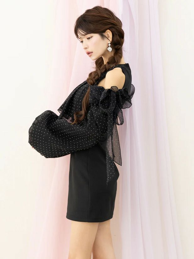 AngelR エンジェルアール ロングスリーブ2wayパフスリーブデザインショルダーリボンタイトマイクロミニドレス ar25814