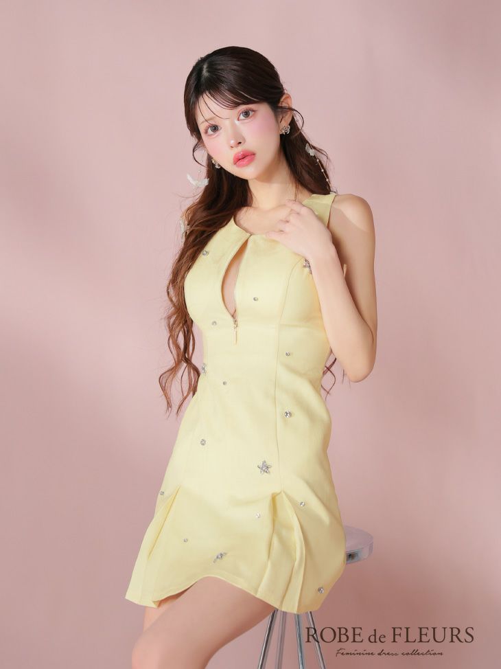 ROBE de FLEURS ローブドフルール バストジップノースリーブビジューミニキャバドレス fm3789-c