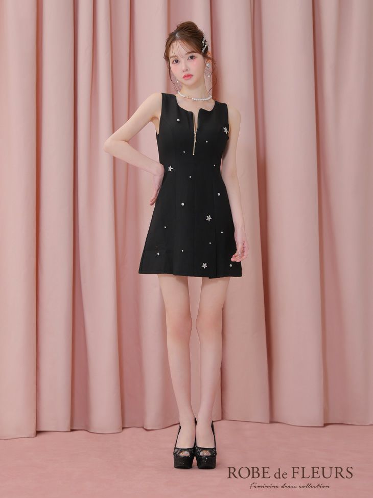 ROBE de FLEURS ローブドフルール バストジップノースリーブビジューミニキャバドレス fm3789-c