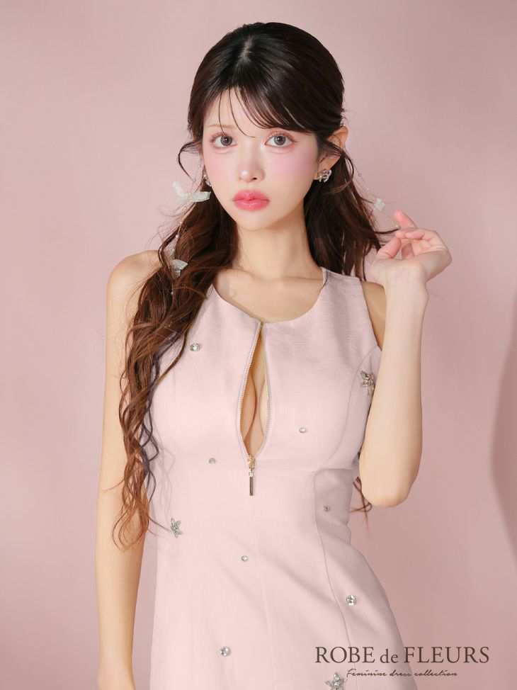 ROBE de FLEURS ローブドフルール バストジップノースリーブビジューミニキャバドレス fm3789-c