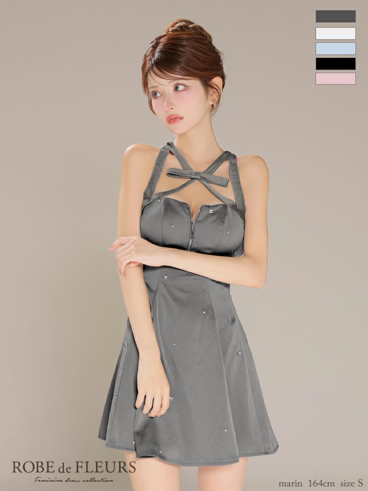 ROBE de FLEURS ローブドフルール サテンネックリボンバストジップフレアミニキャバドレス fm3597-c