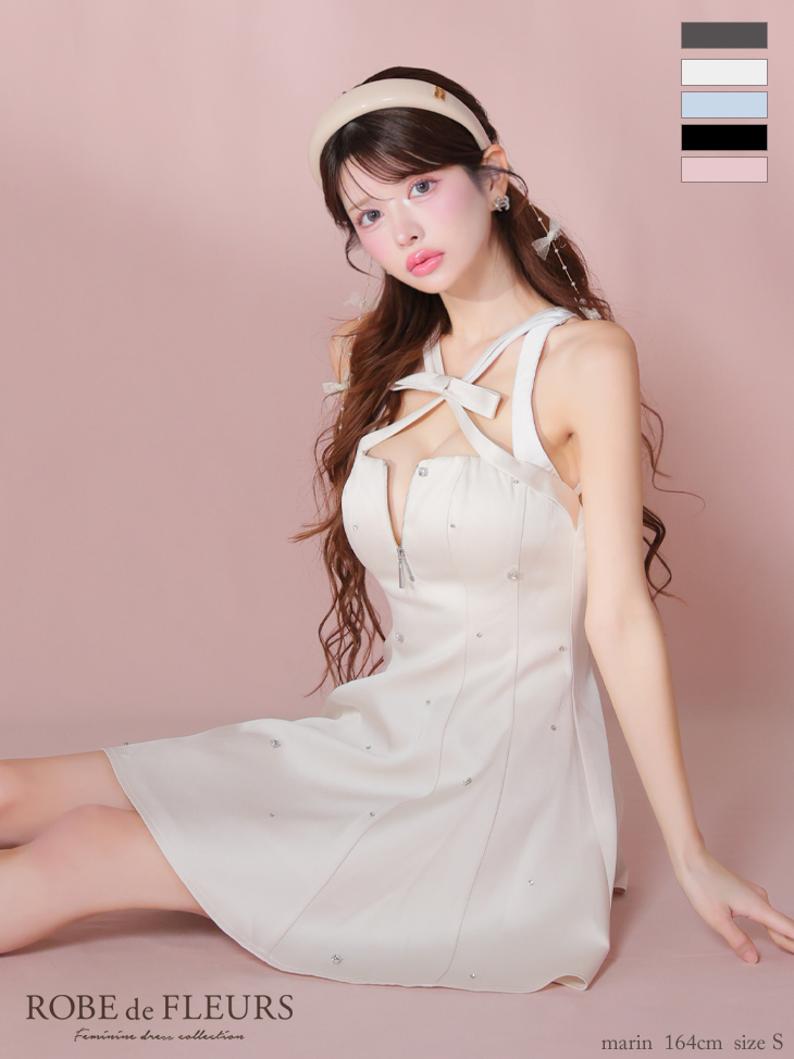 ROBE de FLEURS ローブドフルール サテンネックリボンバストジップフレアミニキャバドレス fm3597-c