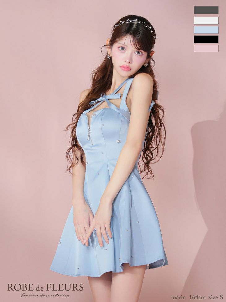 ROBE de FLEURS ローブドフルール サテンネックリボンバストジップフレアミニキャバドレス fm3597-c