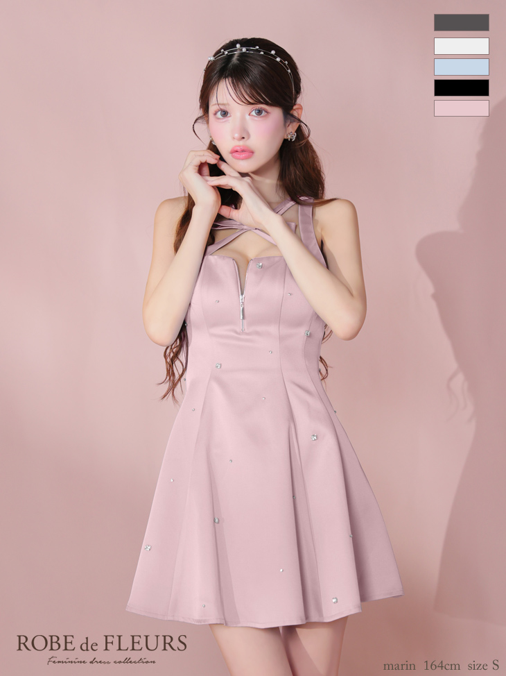 ROBE de FLEURS ローブドフルール サテンネックリボンバストジップフレアミニキャバドレス fm3597-c