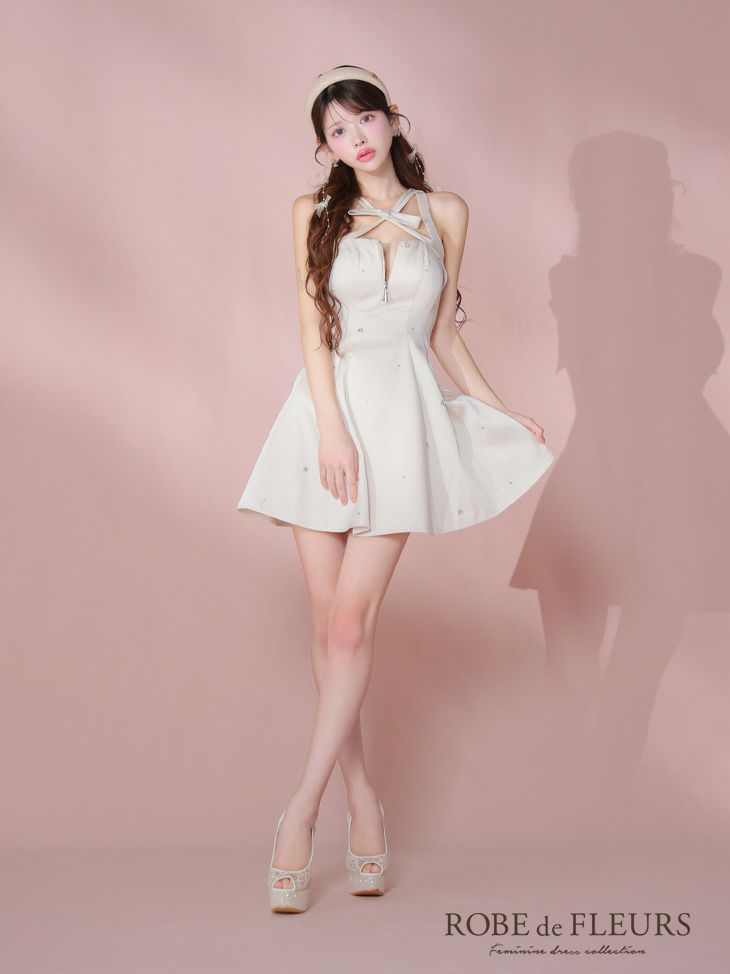 ROBE de FLEURS ローブドフルール サテンネックリボンバストジップフレアミニキャバドレス fm3597-c