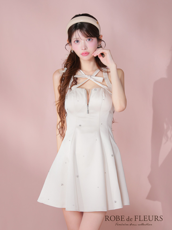 ROBE de FLEURS ローブドフルール サテンネックリボンバストジップフレアミニキャバドレス fm3597-c