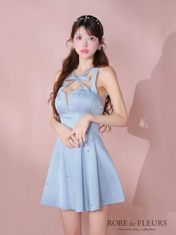 ROBE de FLEURS ローブドフルール サテンネックリボンバストジップフレアミニキャバドレス fm3597-c