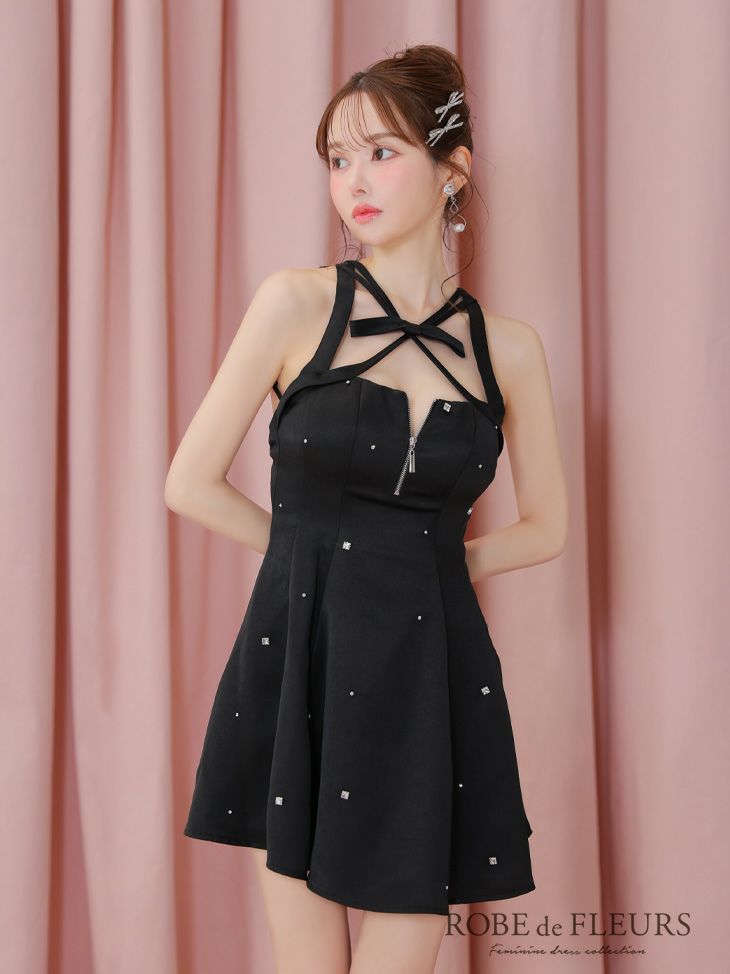 ROBE de FLEURS ローブドフルール サテンネックリボンバストジップフレアミニキャバドレス fm3597-c