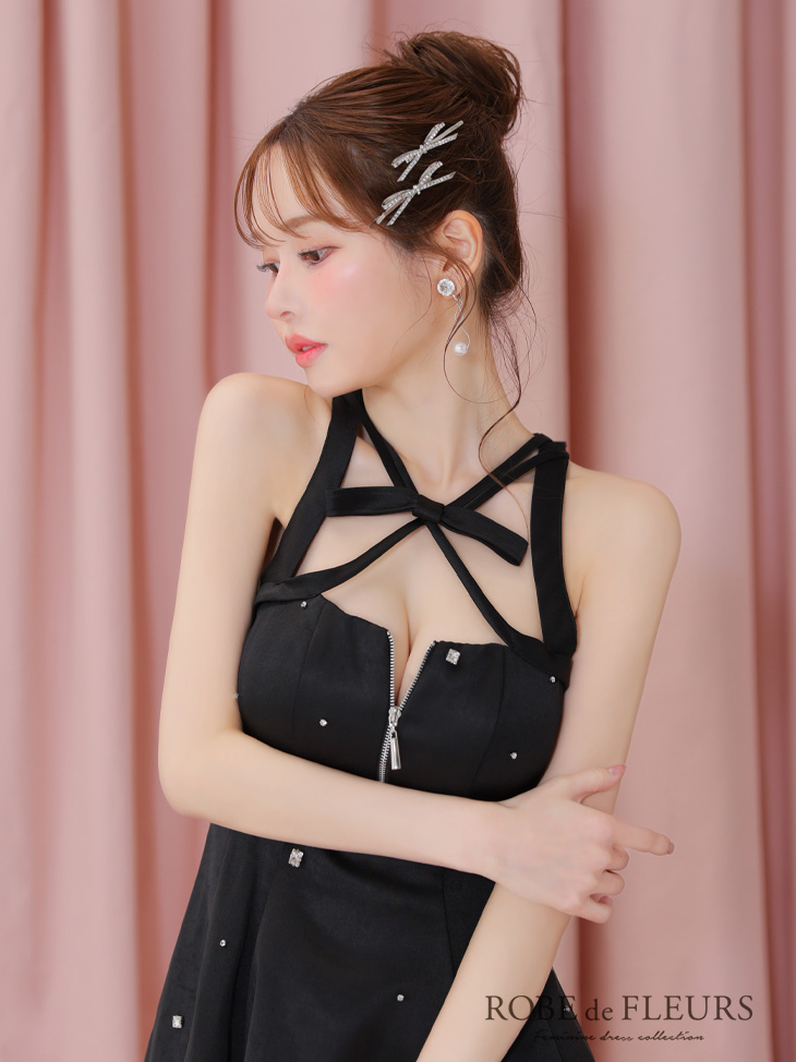 ROBE de FLEURS ローブドフルール サテンネックリボンバストジップフレアミニキャバドレス fm3597-c