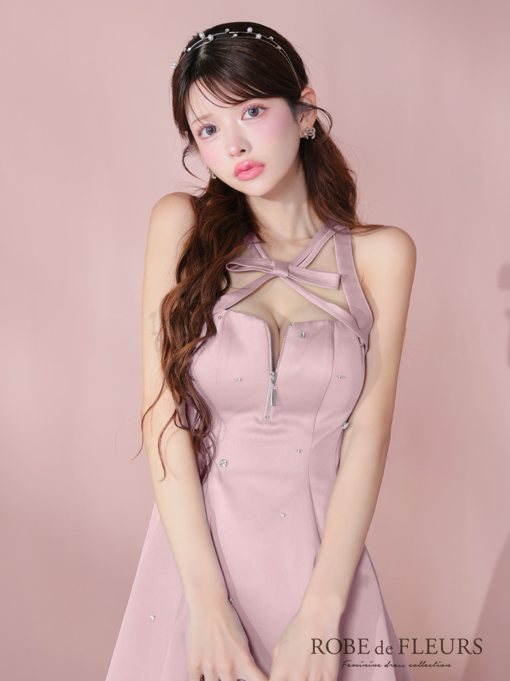 ROBE de FLEURS ローブドフルール サテンネックリボンバストジップフレアミニキャバドレス fm3597-c