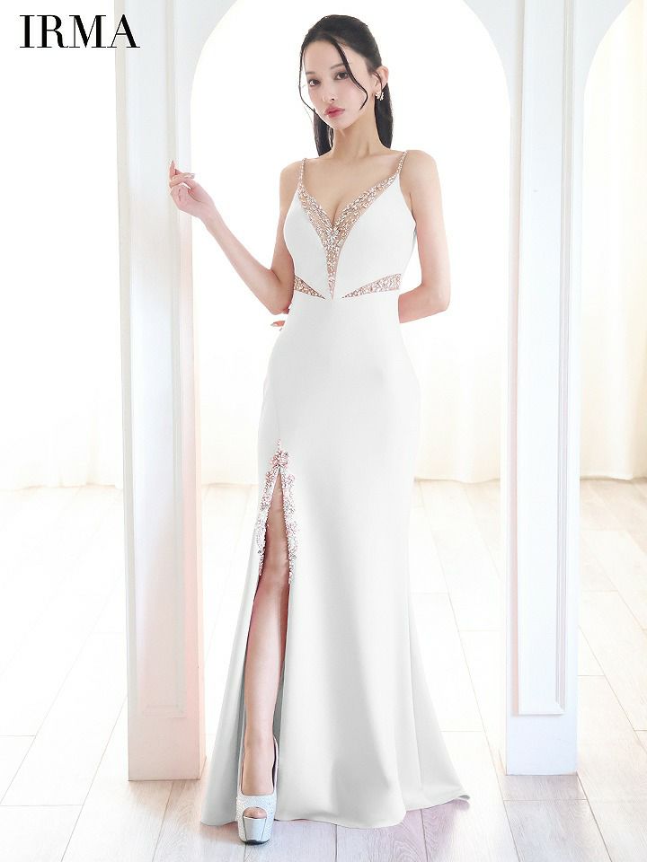 IRMA イルマ Vカット/ビジュー/メッシュ/スリット入り/タイト ロングドレス ir51837