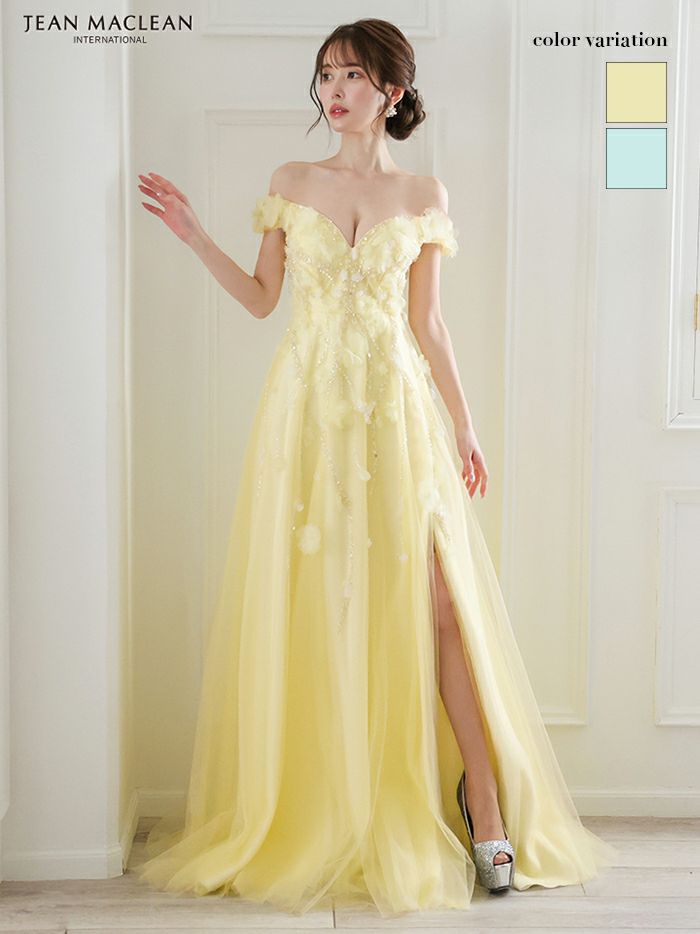 JEAN MACLEAN ジャンマクレーン ショルダ立体フラワーモチーフ/ビジュー/オフショル/スリット入り/姫/ロングドレス ja51844